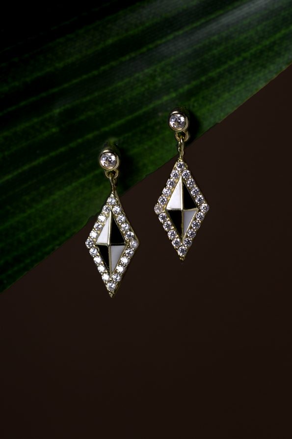 14 Ayar Sarı Altın Taşlı Mineli Geometrik Küpe - Görsel 2