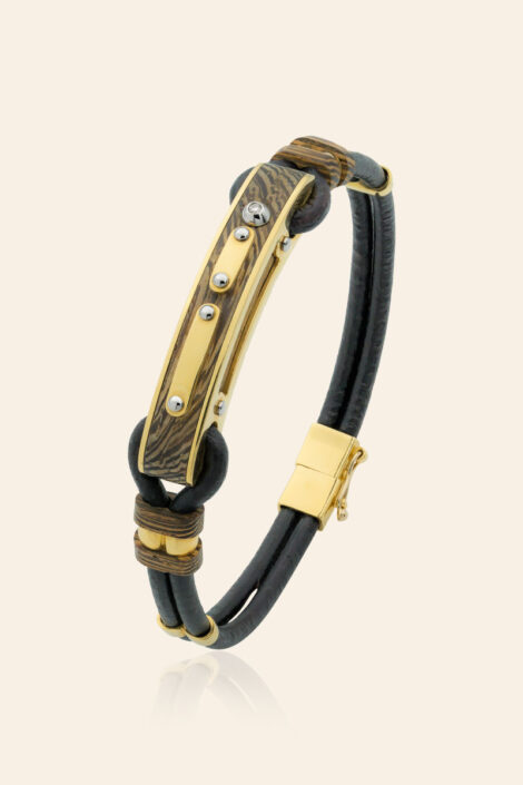 14 Ayar Sarı Altın Abanoz Ahşap Pırlanta Taşlı Deri Erkek Bileklik