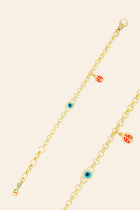 Altın Uğur Böcekli ve Nazar Boncuklu Çocuk Bileklik