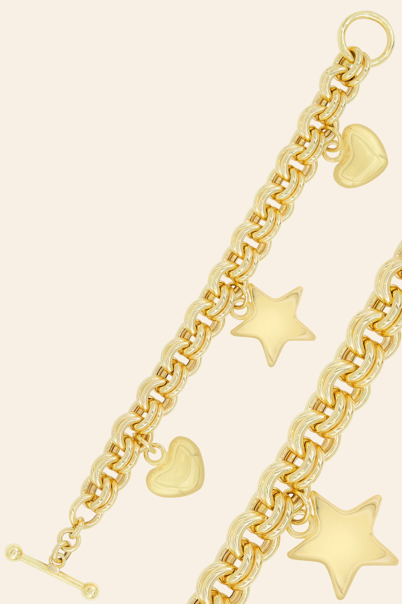 Altın Kalp ve Yıldız Figürlü Sevgi Bileklik - 01113166 14 Ayar Sarı Altın Kalp ve Yıldız Figürlü Koleksiyon Bileklik - Görsel 1