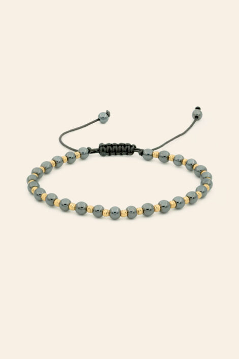 14 Ayar Sarı Altın Toplu Hematit Taşlı İpli Erkek Bileklik