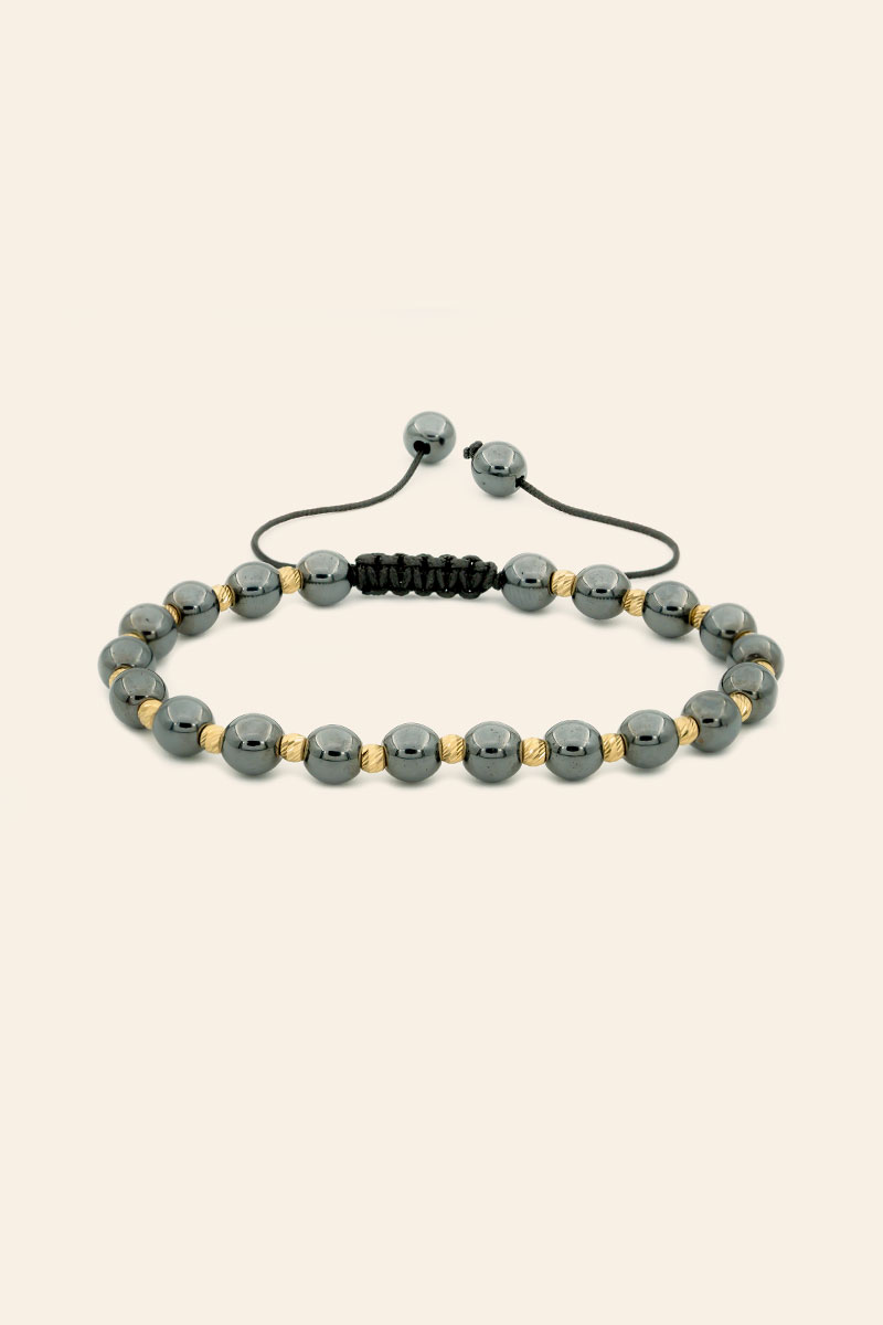 GB19 - Altın İpli Erkek Bileklik 14 Ayar Sarı Altın Toplu Hematit Taşlı İpli Erkek Bileklik - Görsel 1