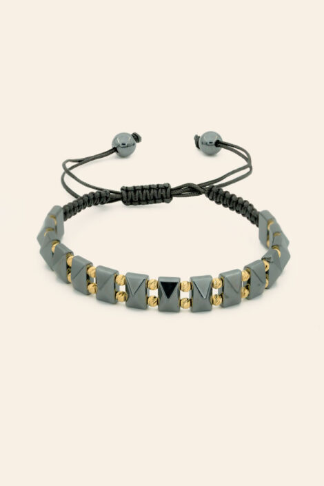 14 Ayar Sarı Altın Toplu Hematit Taşlı İpli Erkek Bileklik