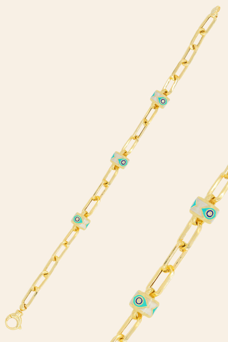 01176376_1 14 Ayar Sarı Altın Sedefli Nazar Boncuğu Bileklik - Görsel 1