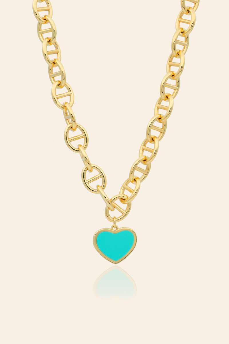 01218918_1 14 Ayar Sarı Altın Mineli Özel Zincir Kalp Kolye - Görsel 1