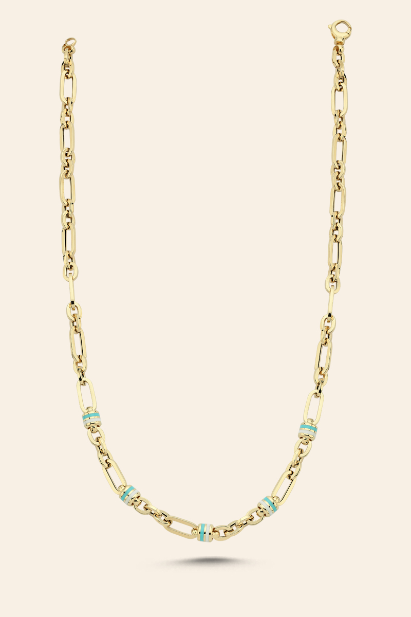 01336130 14 Ayar Sarı Altın Renkli Mine İşlemeli Zincir Kolye - Görsel 1