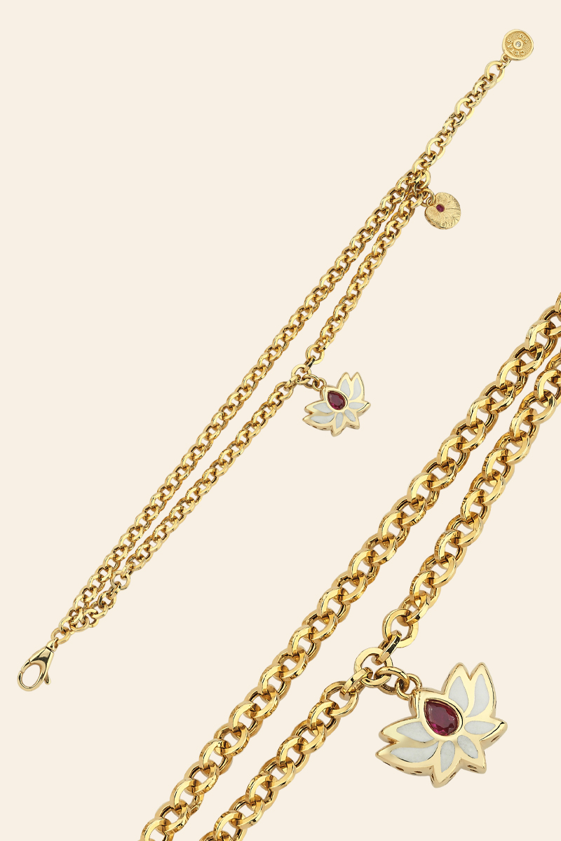 01477089 14 Ayar Sarı Altın Mineli Lotus Koleksiyon Çift Zincir Bileklik - Görsel 1