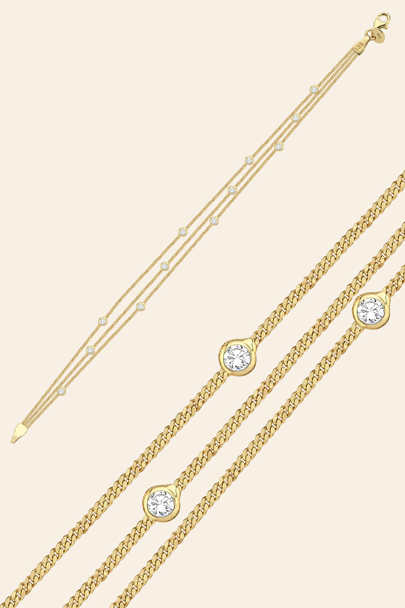 BEST303 14 Ayar Sarı Altın Taşlı Trio Zincir Bileklik - Görsel 1