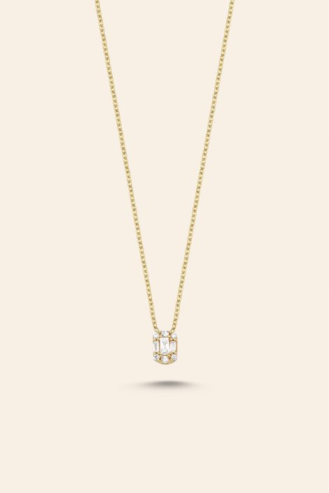 14 Ayar Sarı Altın Baget Taşlı Zarif Tasarım Kolye