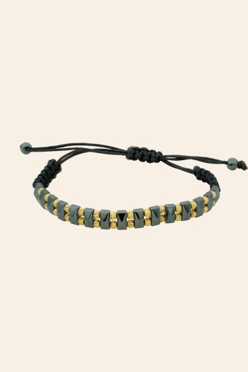 14 Ayar Sarı Altın Toplu Hematit Taşlı İpli Erkek Bileklik