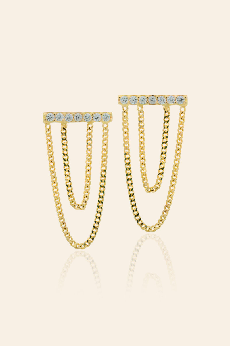 KP02600_1 14 Ayar Sarı Altın Taşlı Zincir Tasarım Sallantılı Küpe - Görsel 1