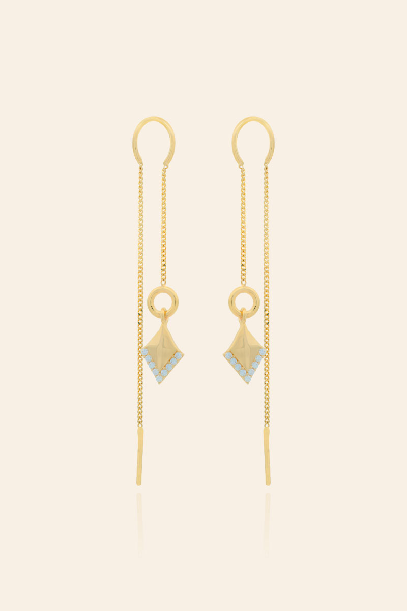 KP02602_1 14 Ayar Sarı Altın Taşlı Geometrik Zincir Tasarım Sallantılı Küpe - Görsel 1