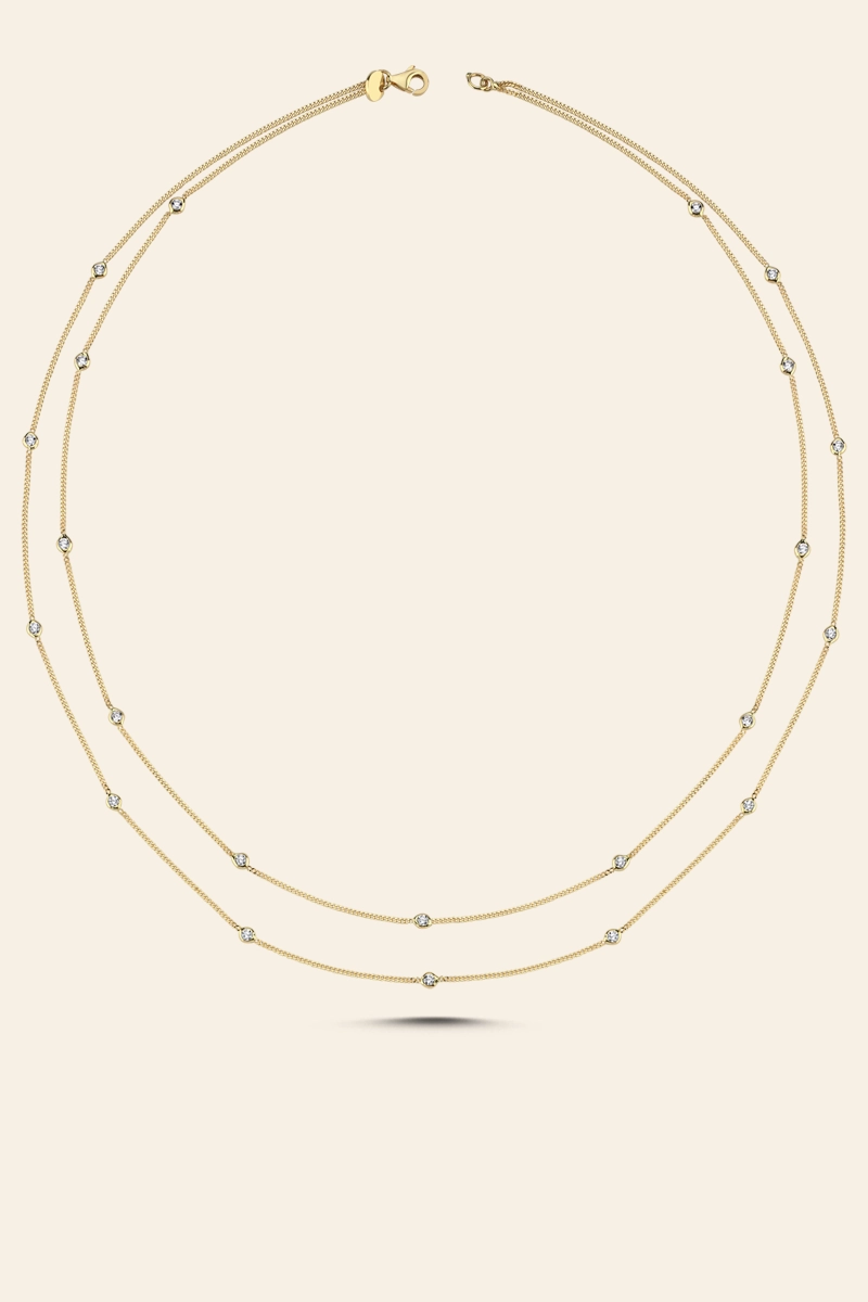 BEST842 14 Ayar Sarı Altın İkili Taşlı Zincir Kolye - Görsel 1