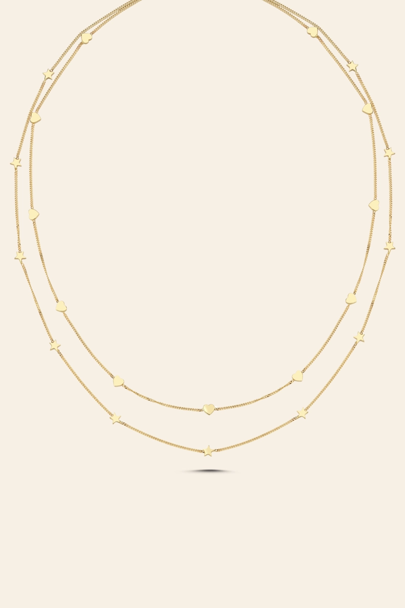 best825 14 Ayar Sarı Altın Çift Sıra Yıldız ve Kalp Detaylı Kolye - Görsel 1