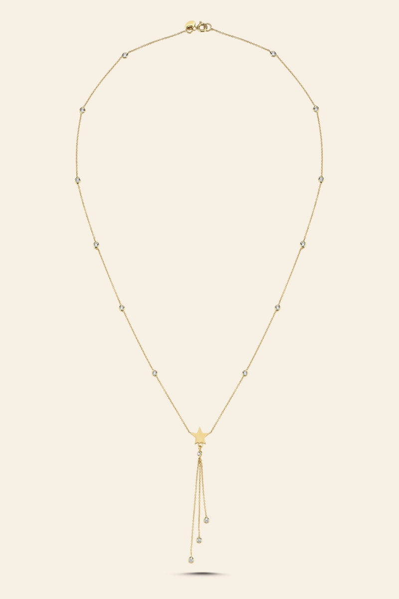 best830 14 Ayar Sarı Altın Yıldızlı Zincirli Kolye - Görsel 1