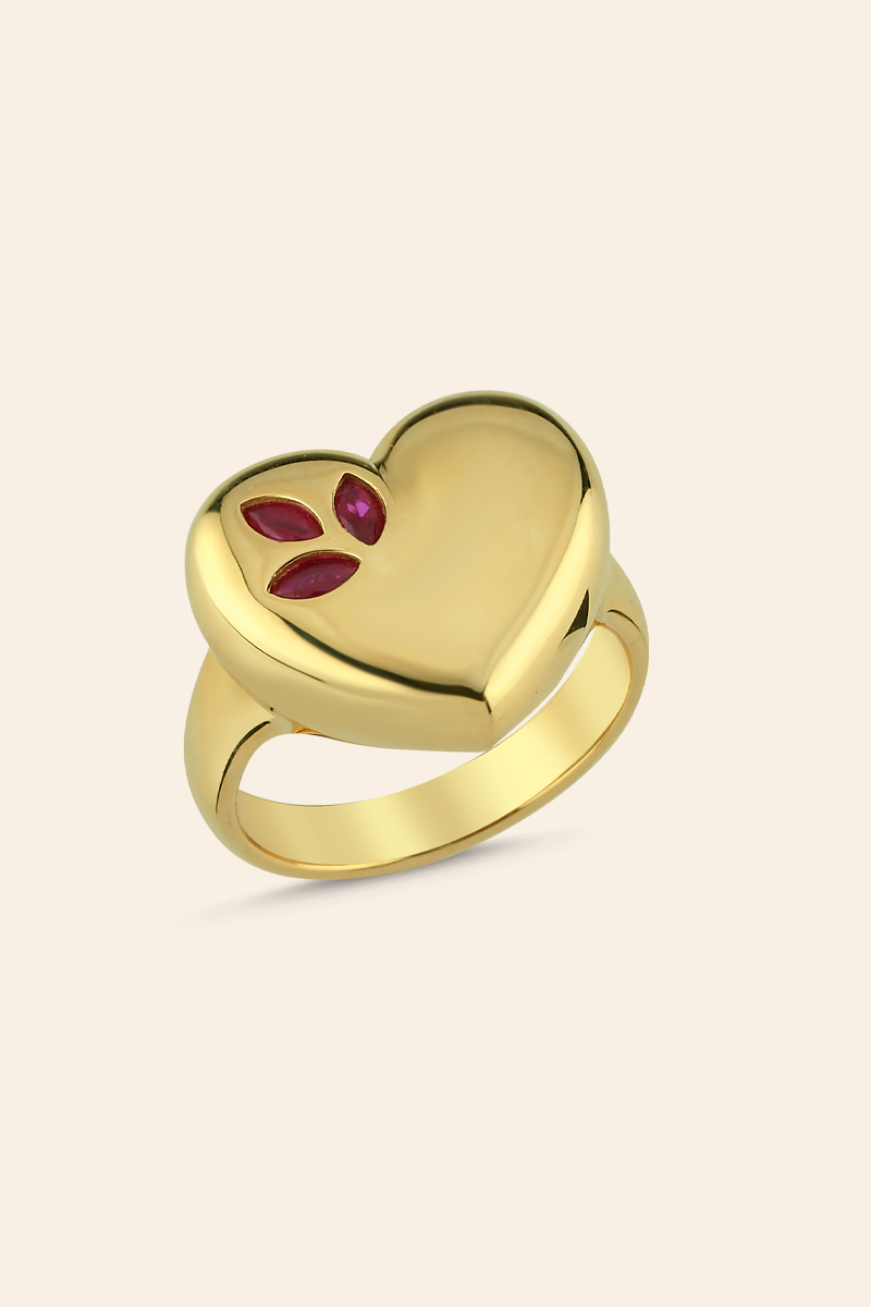 01592922 14 Ayar Sarı Altın Love And Heart Yüzük - Görsel 1